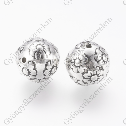 Virágos gömb köztes, antik ezüst színű, műanyag, 15 mm