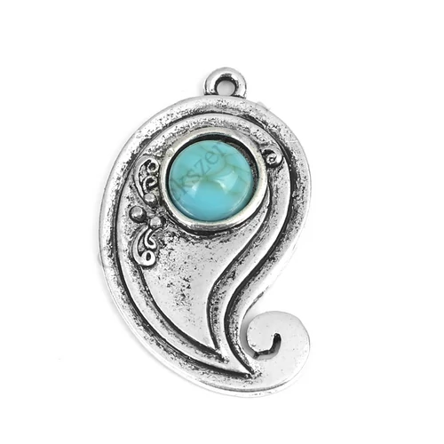 Csepp fityegő, medál, türkizzel, antik ezüst színű, 32x20 mm