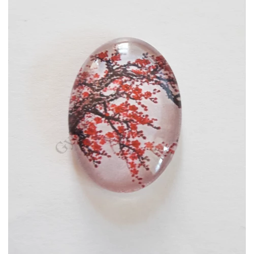 Cseresznye virág mintás üveglencse, kaboson, 25x18 mm