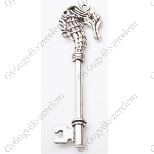 Kulcs, csikóhal fityegő, medál, antik ezüst színű, 71x21 mm