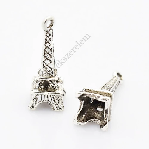 Eiffel-torony fityegő, medál, antik ezüst színű, 23x8x8 mm