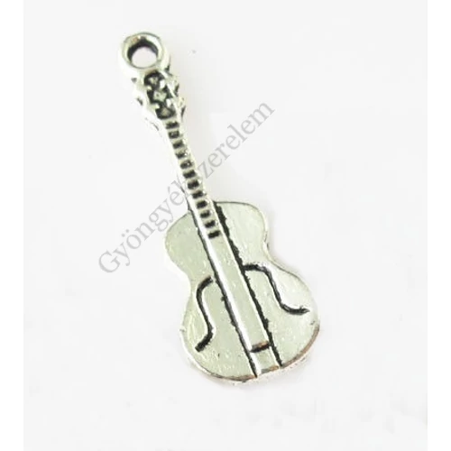 Gitár fityegő, medál, antik ezüst színű, 26x10 mm