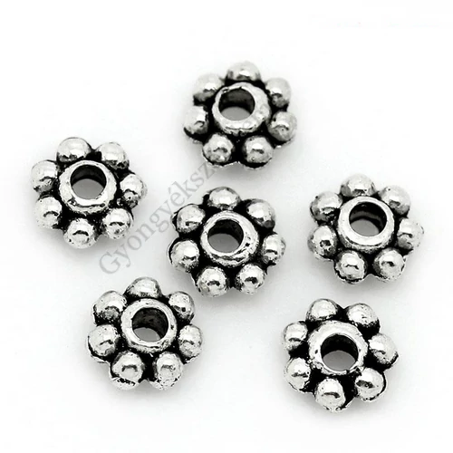 Kis virág köztes, antik ezüst színű, 4 mm, 50 db/cs