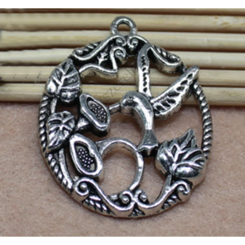 Kolibri, madár, virág fityegő, medál, antik ezüst színű, 32x29 mm