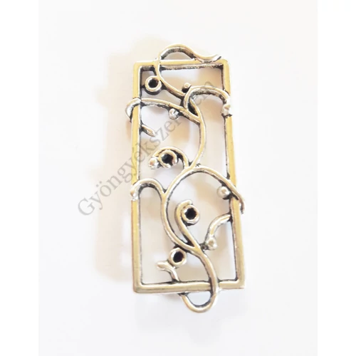 Indás téglalap fityegő, medál, összekötő, antik ezüst színű, 40x17 mm