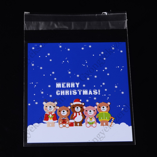 Karácsony, maci mintás, feliratos színes celofán tasak, ajándék, süti, ékszer tasak, 13x10 cm