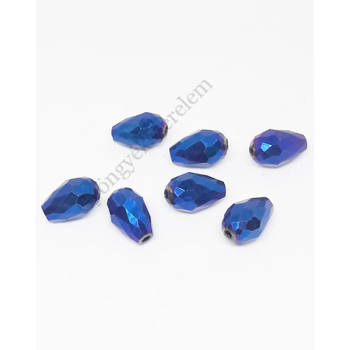 Metálkék csiszolt csepp üveg gyöngy, 12x6 mm