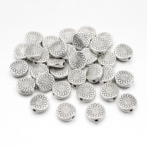 Virágos lapos korong köztes gyöngy, antik ezüst színű, 8x3 mm