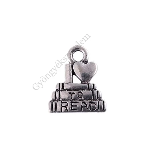 Szeretek olvasni fityegő, medál, antik ezüst színű, 12x14 mm