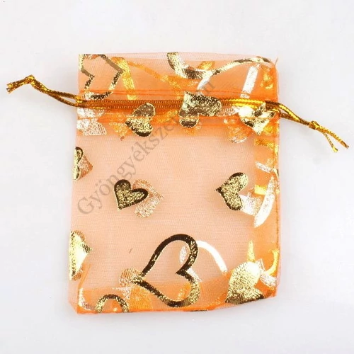 Narancssárga, arany szív mintás organza tasak, zacskó, 9x7 cm
