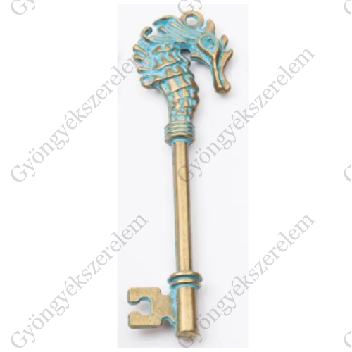 Kulcs, csikóhal fityegő, medál, patina bronz színű, 71x21 mm