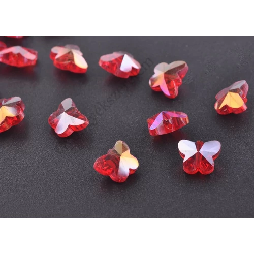 Piros AB lepke csiszolt üveg gyöngy, 10x9x6 mm