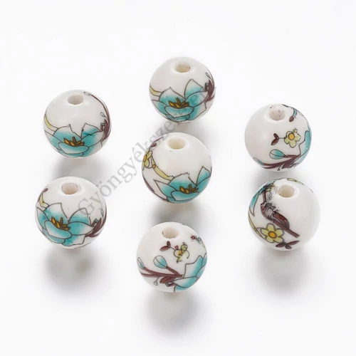 Kék, barna mintás porcelán gyöngy, 12 mm