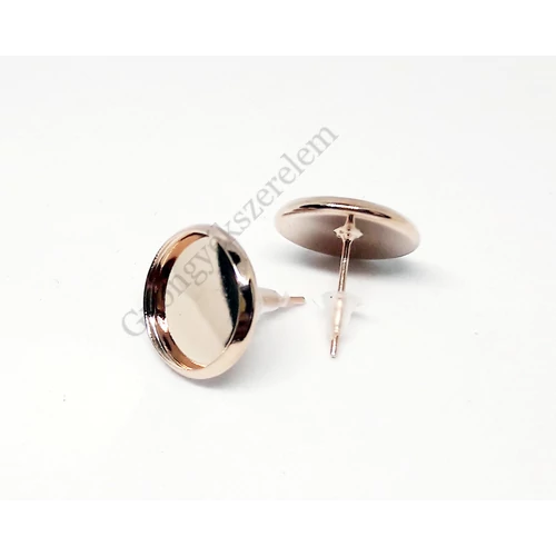 Kerek tányéros bedugós fülbevalóalap, rózsa arany színű, 14x14 mm, 12 mm-es lencséhez, 1 pár/cs