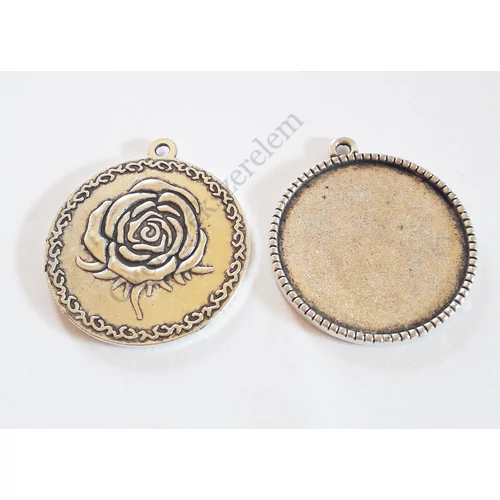 Rózsás medálalap, antik ezüst színű, 30x27 mm, 25 mm-es lencséhez