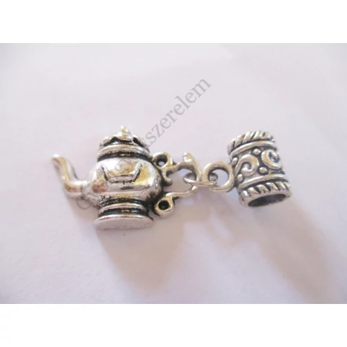 Teáskanna, csésze és medálakasztó fityegő, medál, antik ezüst színű, 32x15 mm