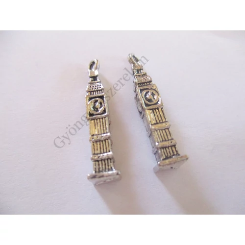Óra torony, Big Ben fityegő, medál, antik ezüst színű, 25x5x5 mm