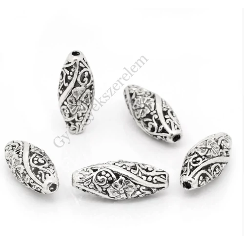 Áttört virágos köztes, antik ezüst színű, 26x10 mm