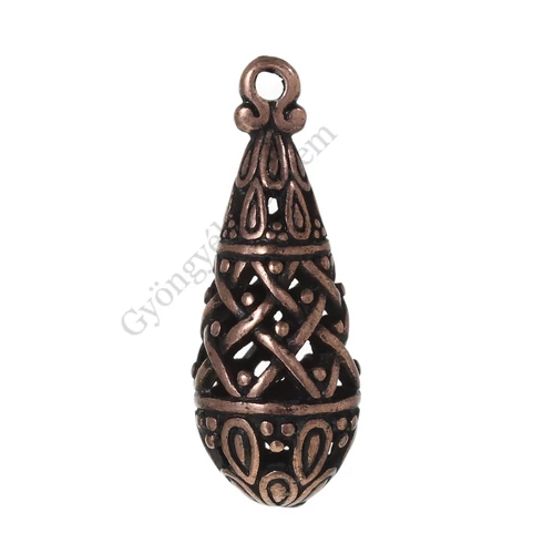 Díszes csepp medál, vörösréz színű, 28x11 mm