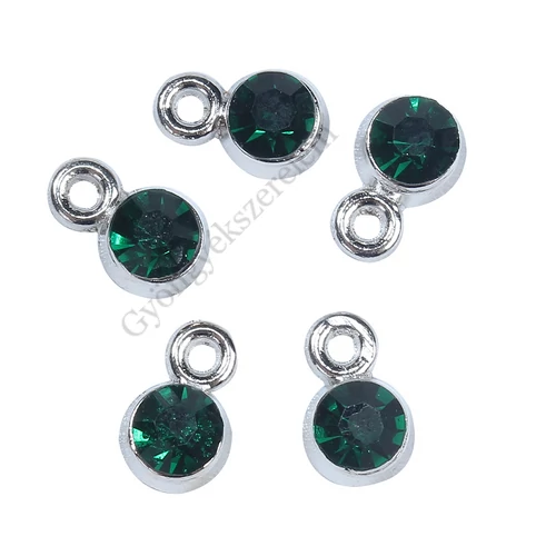 Zöld strasszköves fityegő, medál, antik ezüst színű, 8x5x4 mm