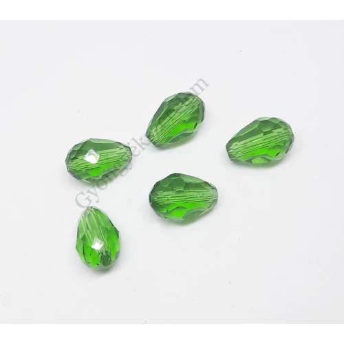 Zöld csiszolt csepp üveg gyöngy, 11x8 mm
