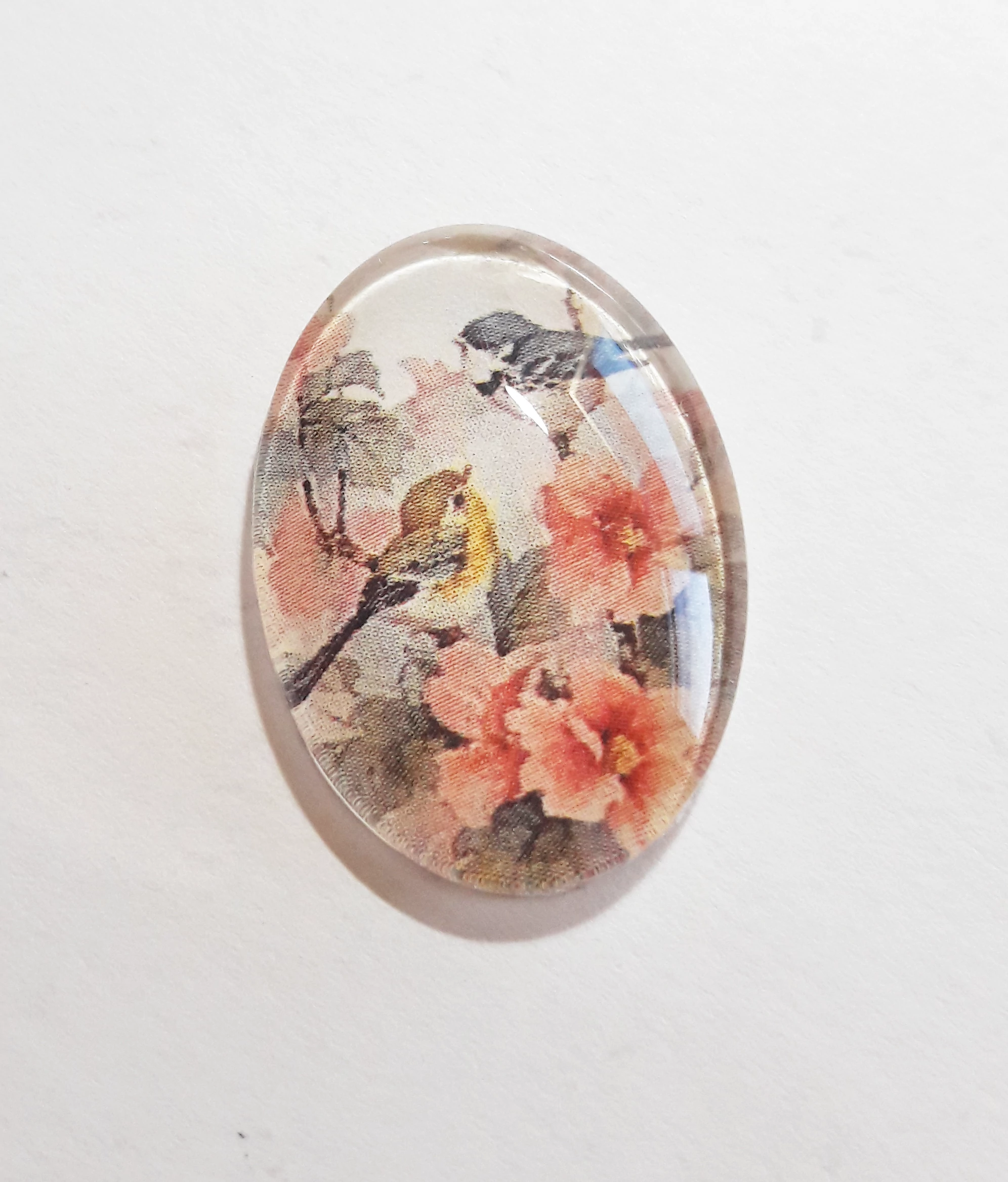 Vintage madár, virág mintás üveglencse, kaboson, 25x18 mm