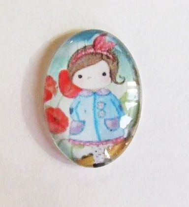 Kislány, pipacs mintás üveglencse, kaboson, 25x18 mm