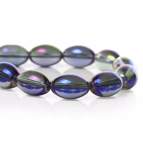 Kék lila színjátszó ovális üveg gyöngy, 15x10 mm