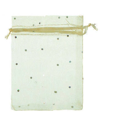 Csillámos, krémsárga színű organza tasak, zacskó, 12x9,5 cm