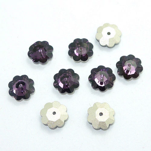 Lila, ezüst színű virág üveg gyöngy, 10x3 mm