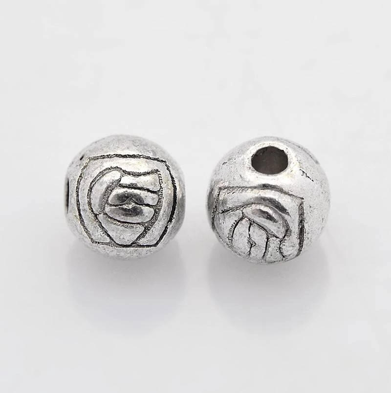 Rózsa, virág mintás golyó köztes, antik ezüst színű, 6 mm