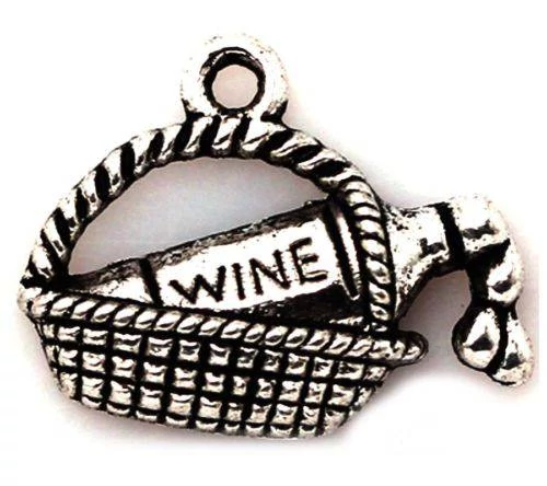 Bor, borász, boros üveg, kosár fityegő, medál, antik ezüst színű, 19x15 mm