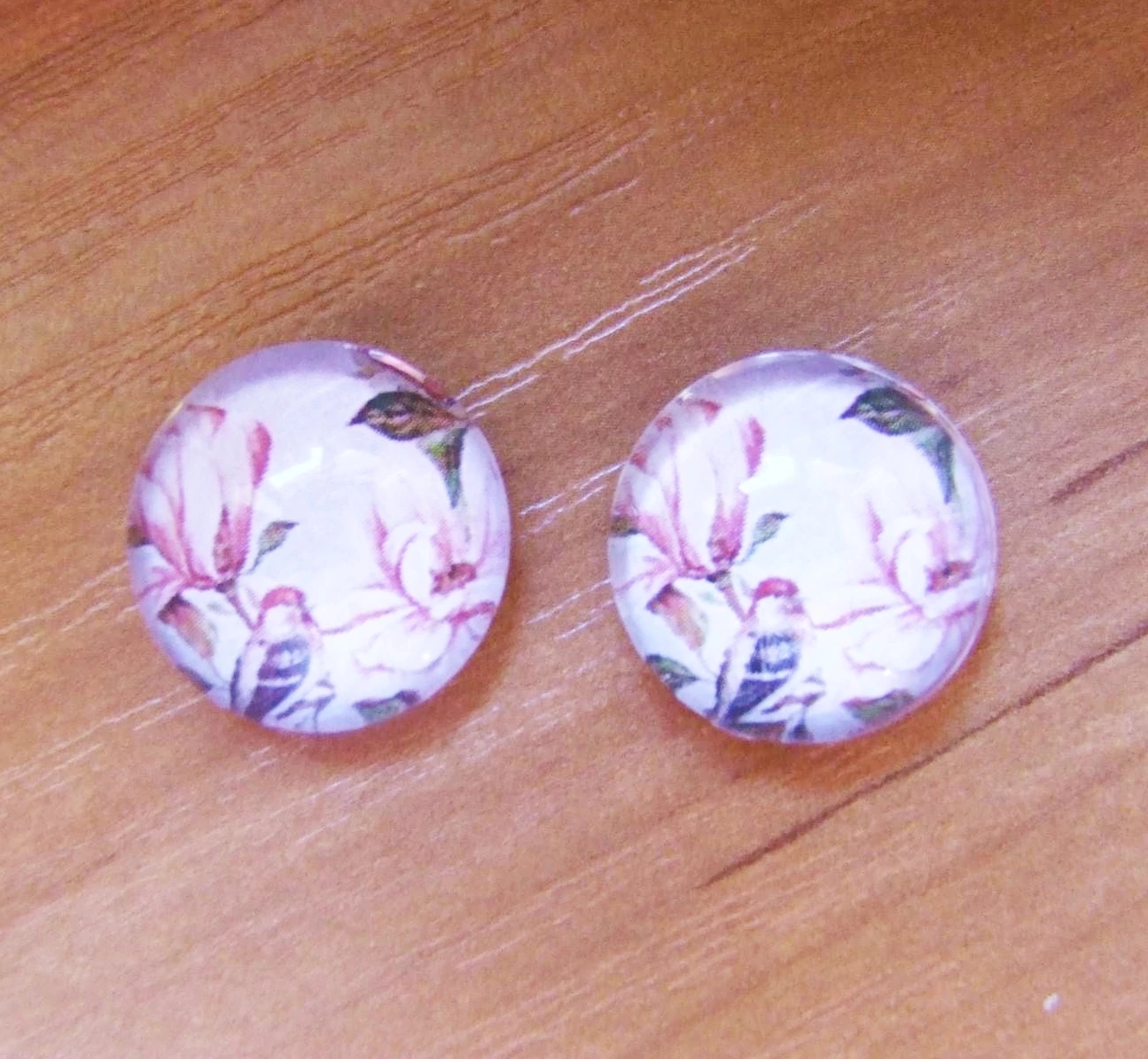 Vintage madár, virág, magnólia mintás üveglencse, kaboson, 18 mm