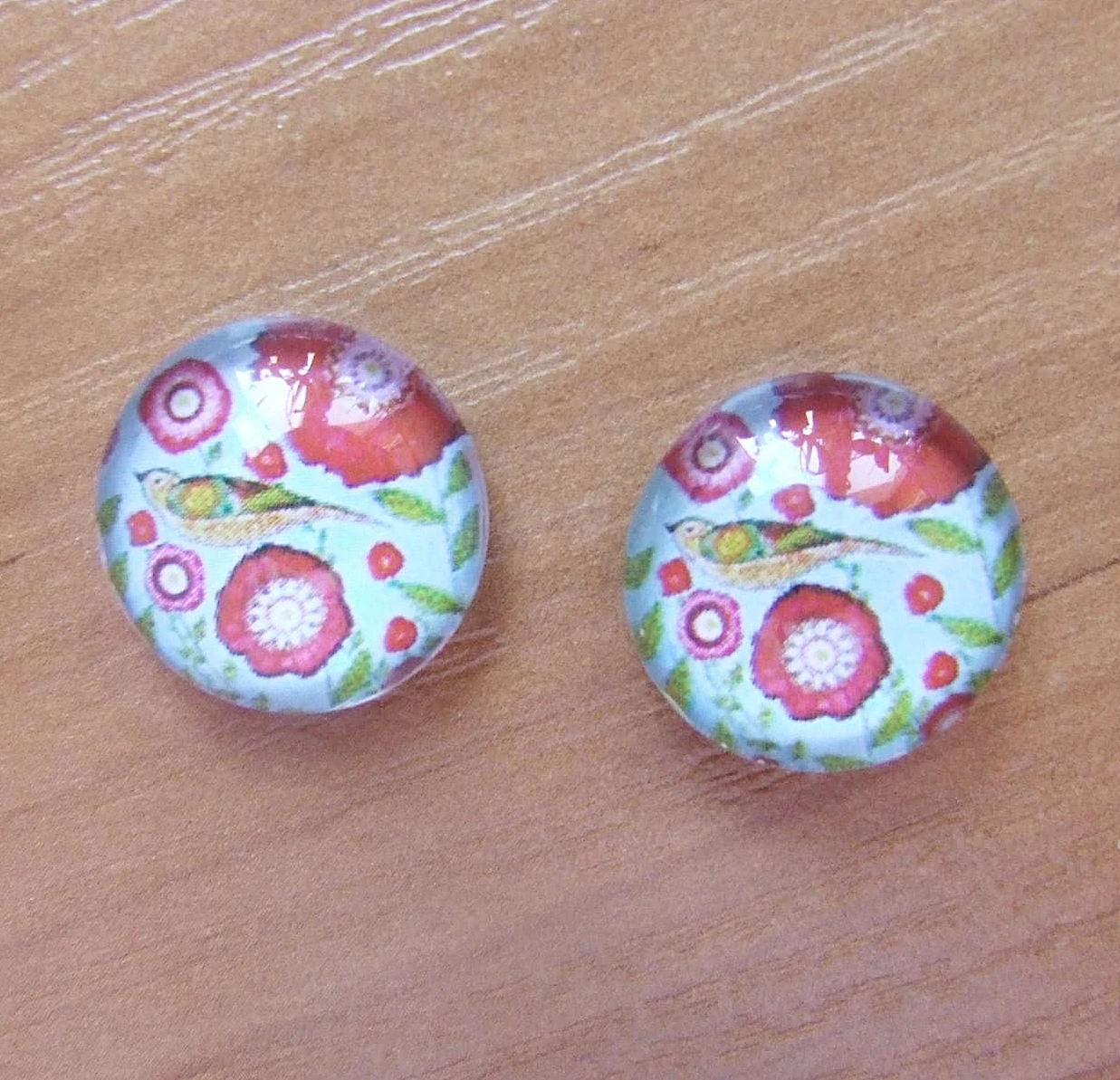 Madár, virág mintás üveglencse, kaboson, 18 mm