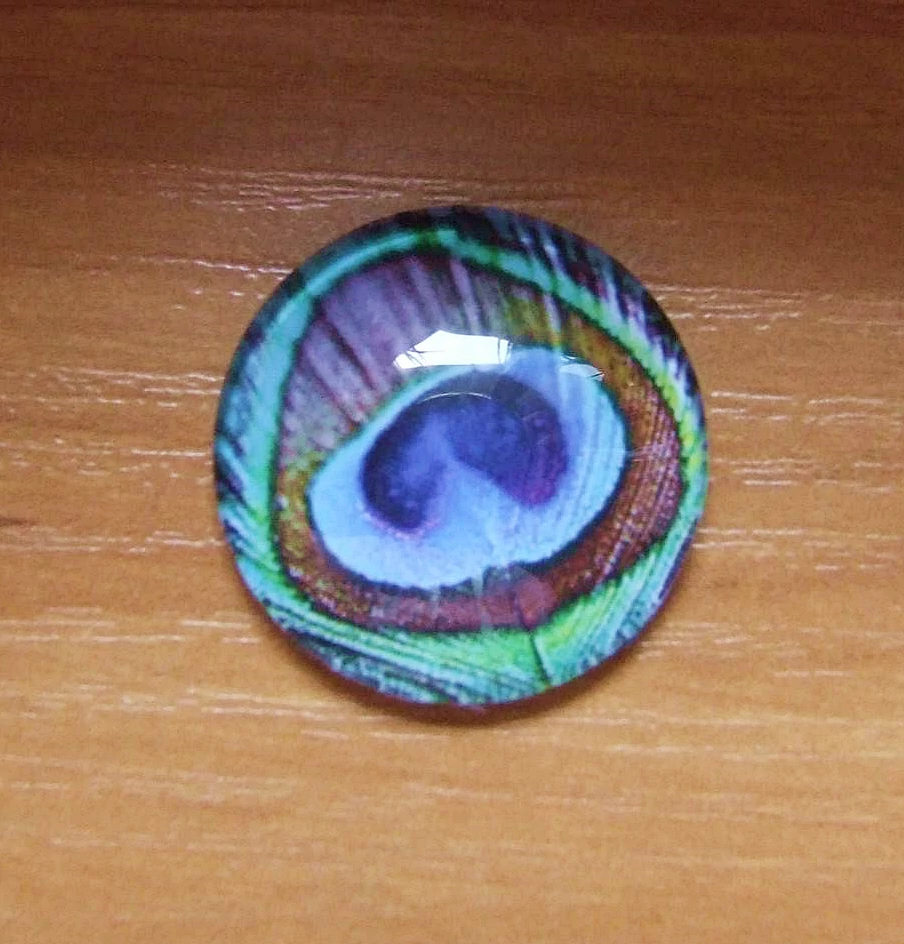 Páva toll mintás üveglencse, kaboson, 25 mm