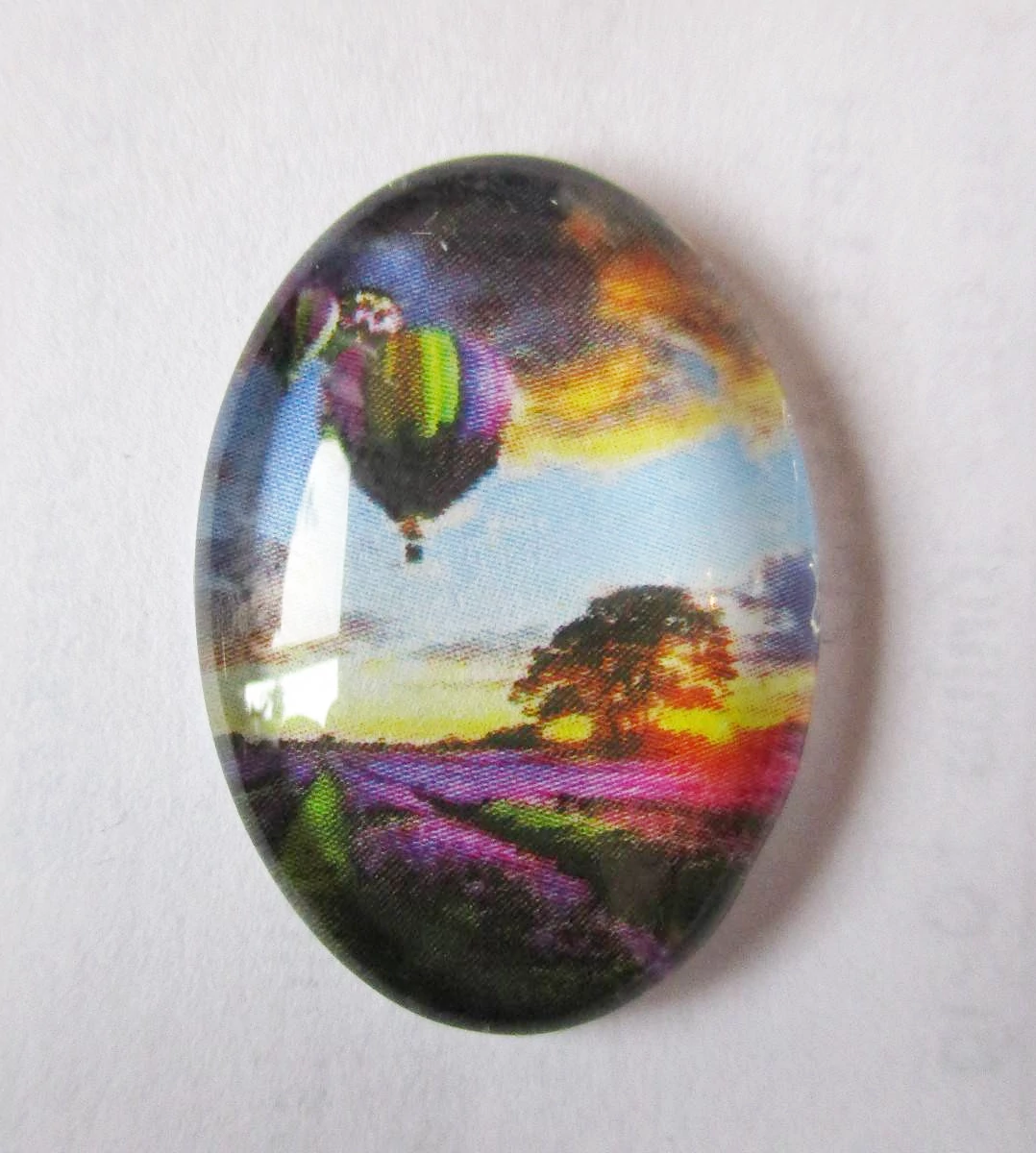 Hőlégballon, virág, fa, naplemente mintás üveglencse, kaboson, 25x18 mm