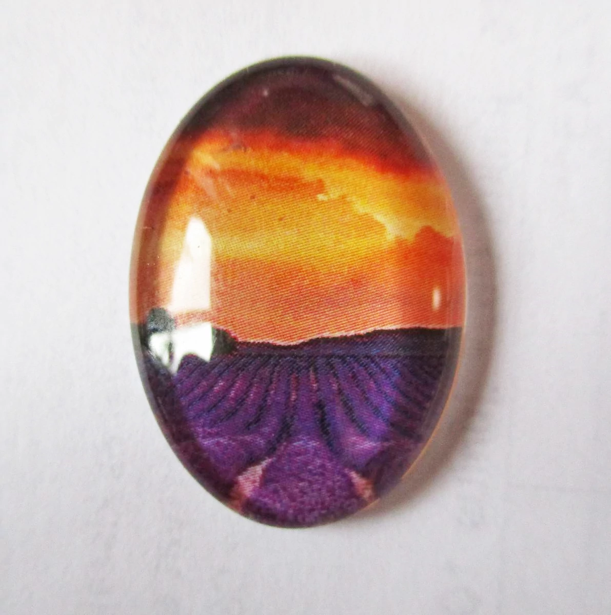 Virág, levendula, naplemente mintás üveglencse, kaboson, 25x18 mm
