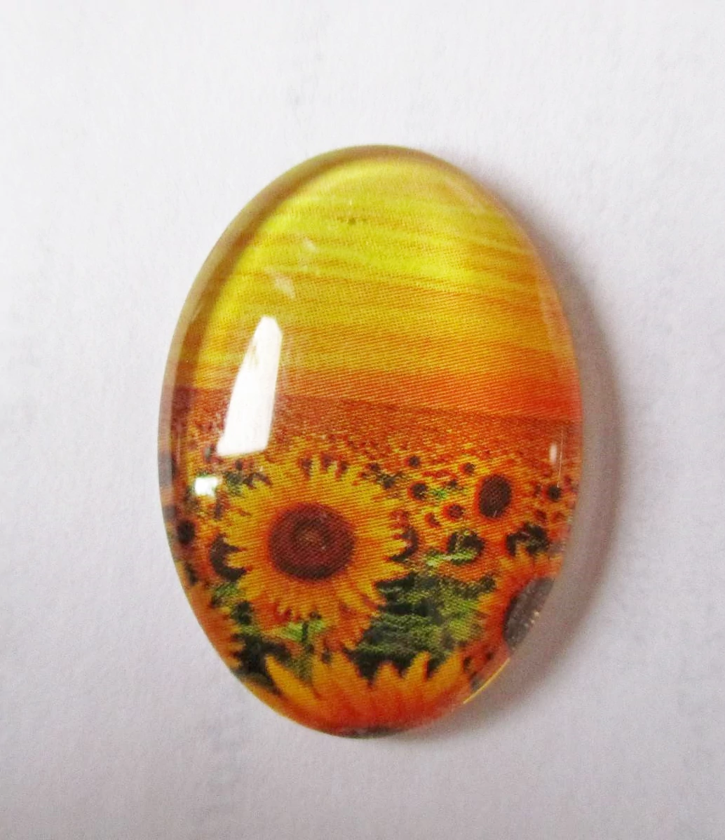 Napraforgó virág mintás üveglencse, kaboson, 25x18 mm