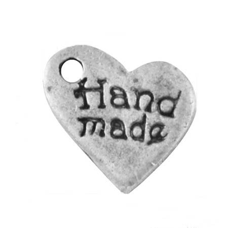 Handmade feliratos pici szív fityegő, medál, antik ezüst színű, 8x9 mm