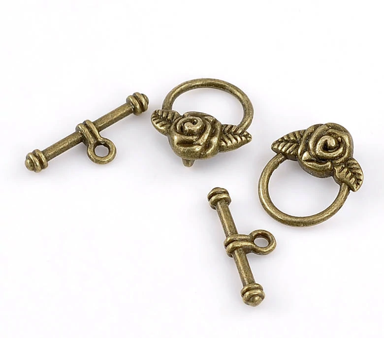 Rózsás t-kapocs, antik bronz színű, 19x16mm+23x7 mm