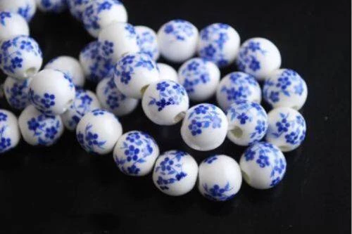 Kék virág mintás kerek porcelán gyöngy, 10 mm