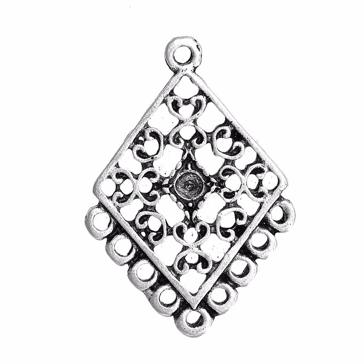 Rombusz összekötő, fülbevalóalap, karkötőalap, medálalap, antik ezüst színű, 30x21 mm