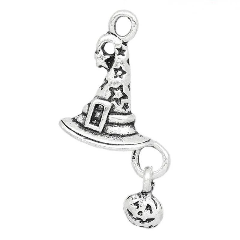 Varázsló, boszorkány kalap, sapka, Halloween fityegő, medál, antik ezüst színű, 25x14 mm