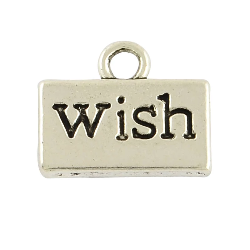 Wish feliratú kívánság fityegő, medál, antik ezüst színű, 12x10 mm
