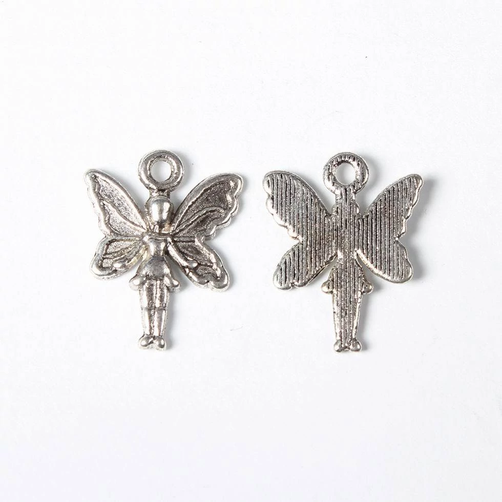 Angyal, tündér fityegő, medál, antik ezüst színű, 19x15 mm