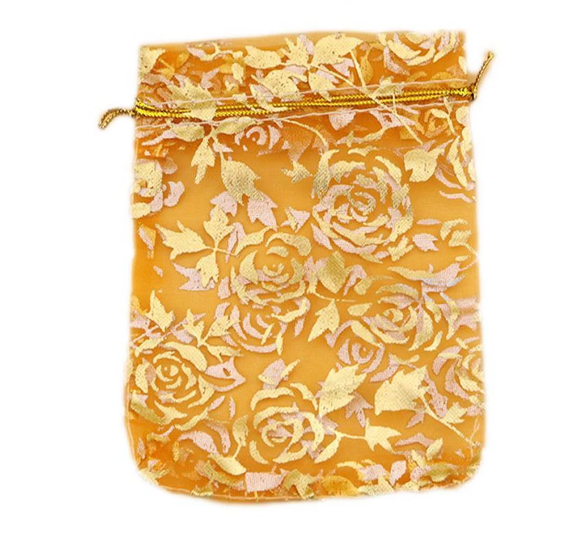 Arany rózsa mintás narancssárga organza ajándék tasak, zacskó 13x10 mm