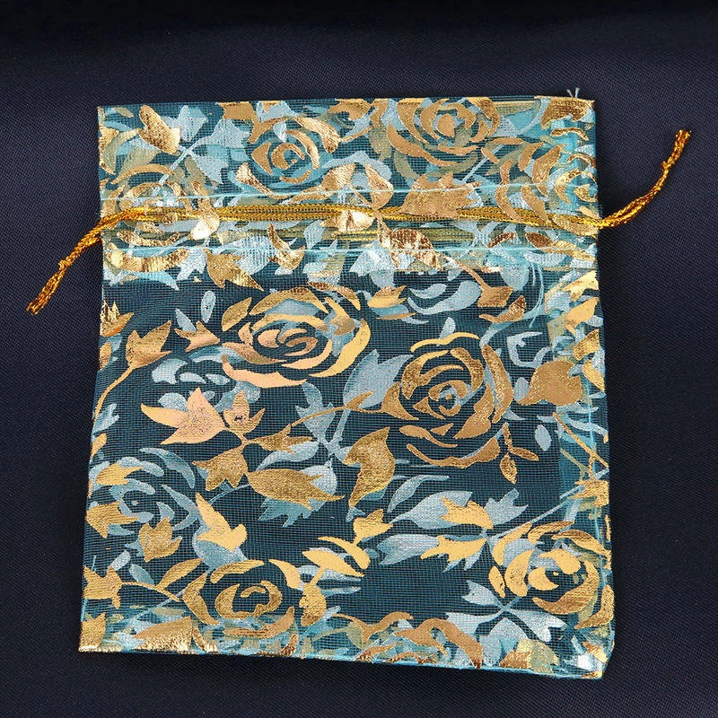 Arany rózsa mintás kék organza ajándék tasak, zacskó,  12x10 mm