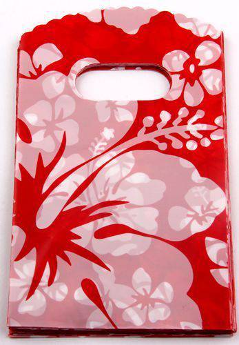 Piros, fehér hibiszkusz virág mintás műanyag kis tasak, táska, ajándék zacskó, 14,5x9 cm