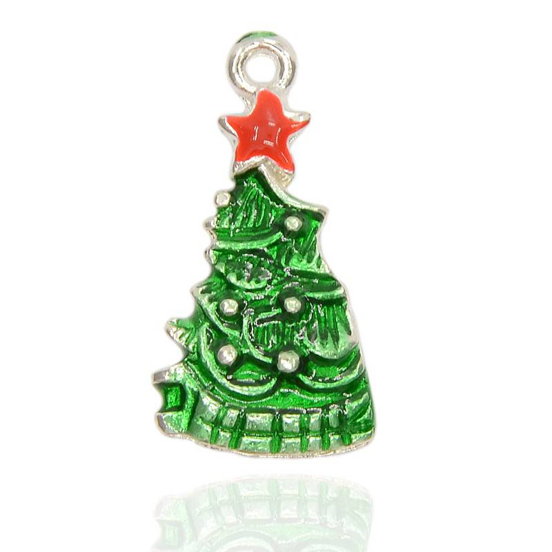 Színes fenyőfa, karácsonyfa fityegő, medál, antik ezüst színű, zöld, piros, 25x14 mm