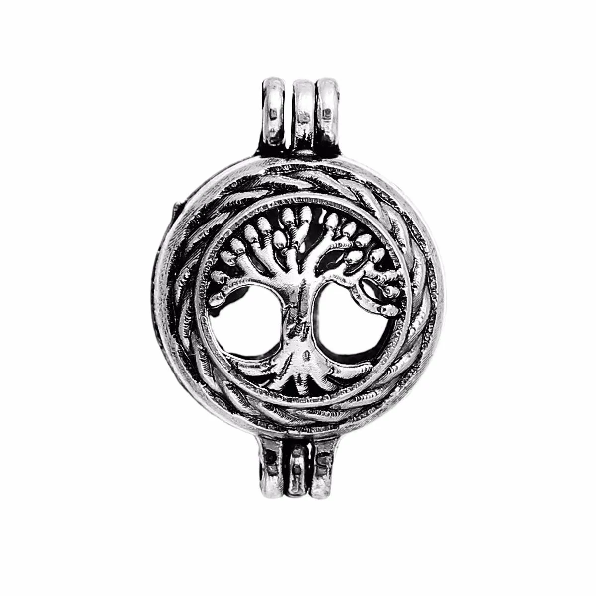 Díszes áttört fa, életfa, nyitható, aromaterápiás, gyöngytartó fityegő, medál, antik ezüst színű, 22x15x12 mm